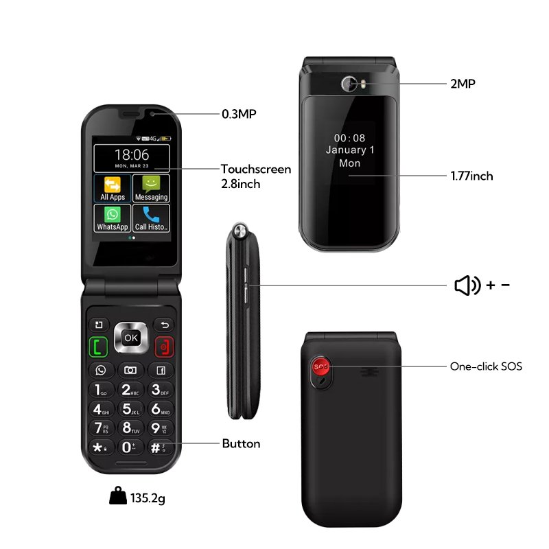 TIQ MINI Q3 flip phone Google Play dual SIM one-touch SOS big button touch screen smart phone wholesale discount